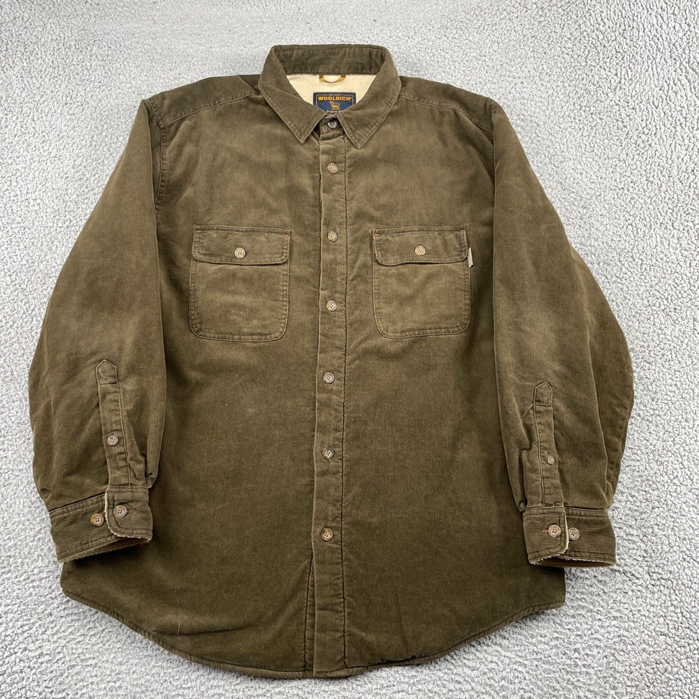Woolrich Shirt Jacket Mens L Olive Green Corduroy Fleece Lined Outdoor Rugged